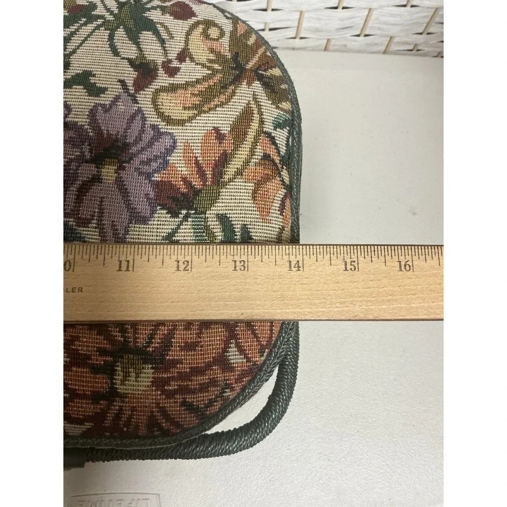 Vintage 1970s AZAR Floral Tapestry Sewing Basket Green Handles Full‎ Threads